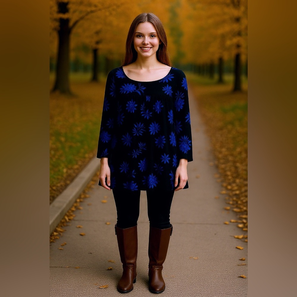 💙✨ PERVAL Black & Blue Floral Tunic Top – Size 3X ✨💙